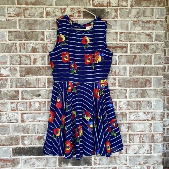 Maison Jules Blue Striped Floral Skeeveless Skater Dress - Picture 1 of 10